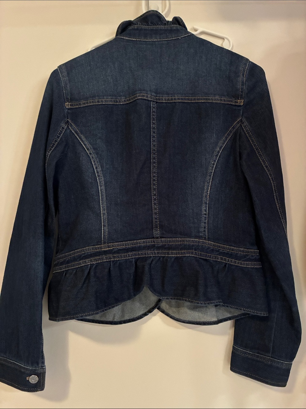 White House Black Market Dark Indigo Ruffle-Collar Denim Jacket - Picture 7 of 7